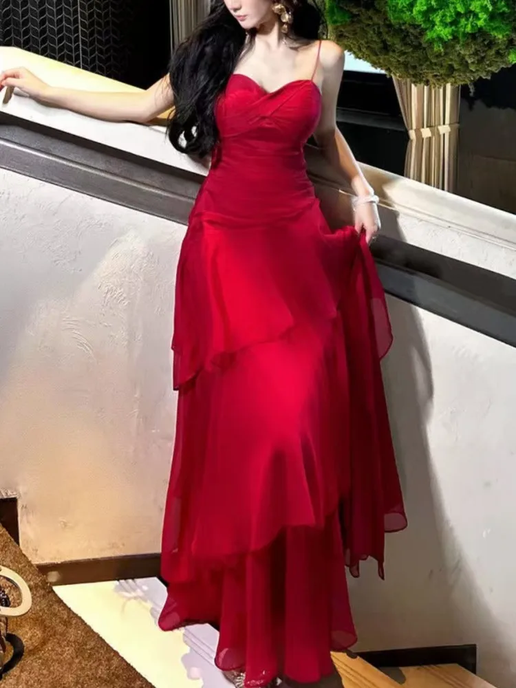 Moda elegante babados em camadas cinta de espaguete vestidos femininos a linha cintura fina chique cocktail festa vestido de noite vestido de férias