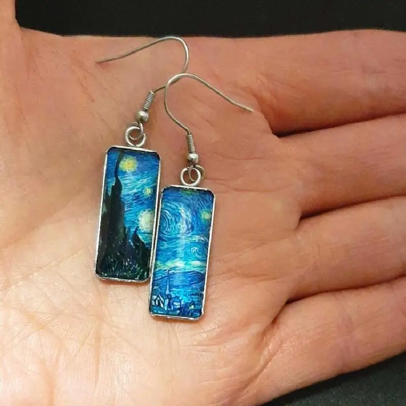 Pendientes de gancho de pescado con pinturas de Van Gogh, elegantes pendientes rectangulares de noche estrellada, joyería artesanal de vidrio delicado, regalo para niña