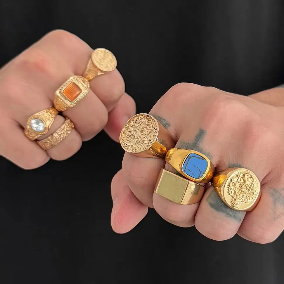 Salircon 8 Pcs/Set Punk Texture Metal Open Adjustable Ring Set Men Hip Hop Inlay Acrylic Rhinestone Finger Rings Grunge Jewelry