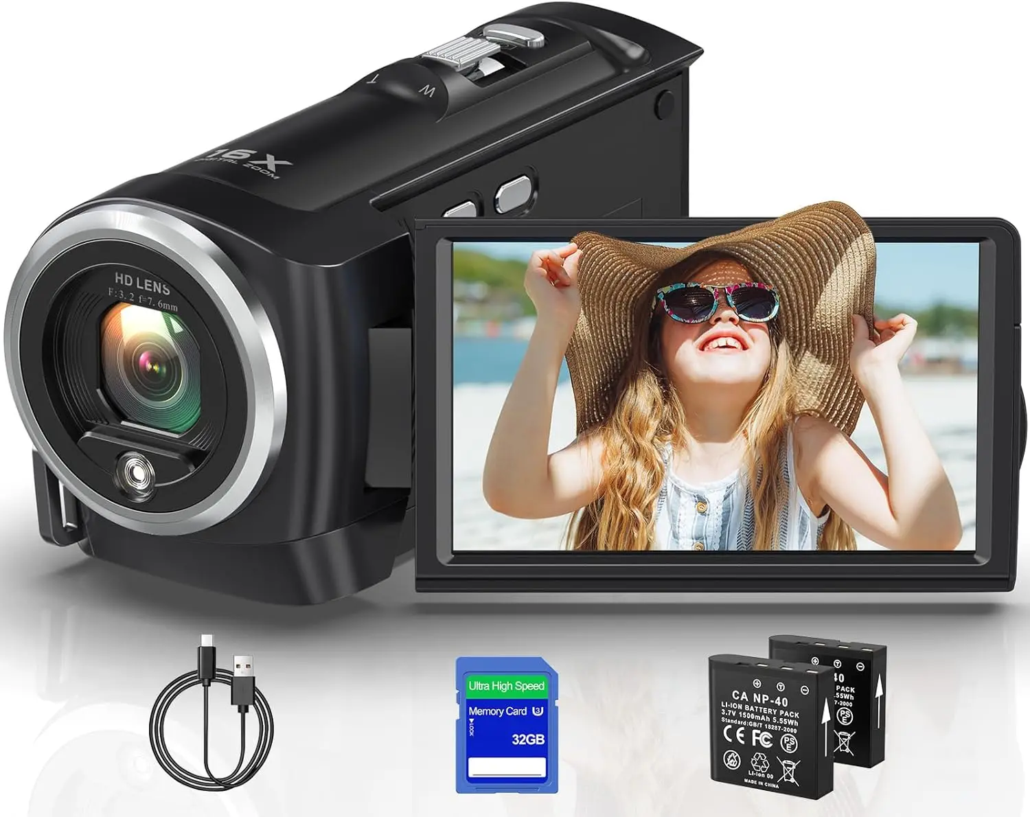 

Камера для видеоблогинга 2.7K QHD 56 МП с 16-кратным зумом, SD-картой 32 ГБ, поворотным экраном и двумя аккумуляторами