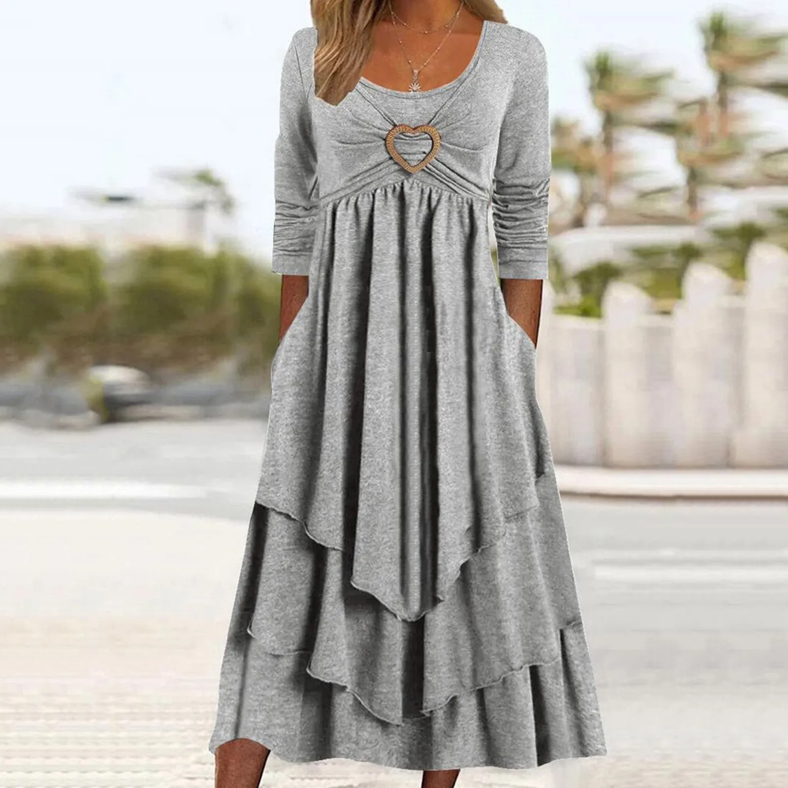 

Women's Casual Loose Dress Long Sleeve Solid Color Layer Pleated Dress Casual Irregular Crewneck Loose Flowy Ruched Dresses