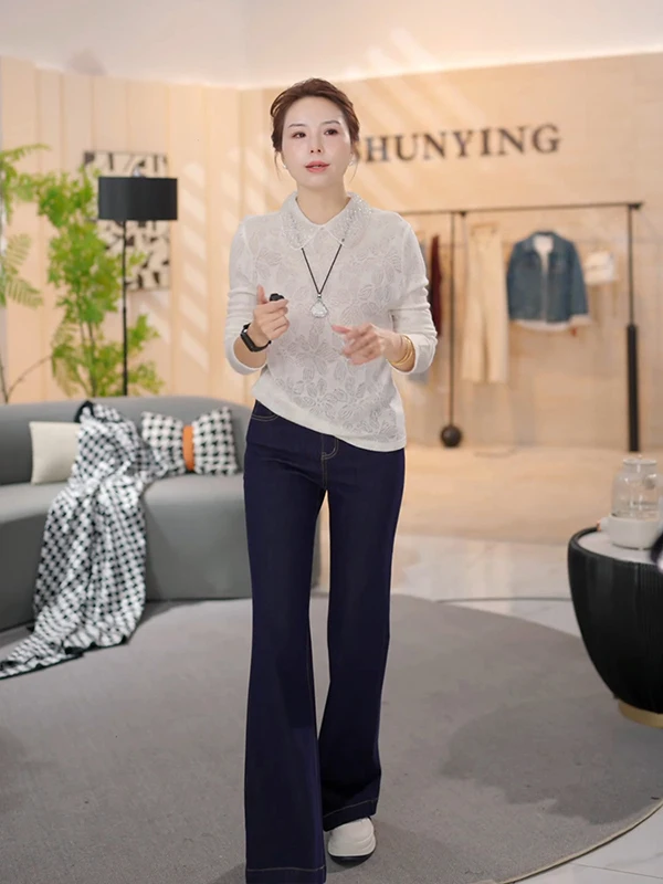 

Lightweight Knitted Long Sve Lace Top for Women Casual Sle Thin Design Early Autumn Faion Knitwear by Qian Na