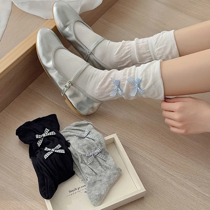 1/3 Pairs Checkered Bow Women Small Leg Socks Fashion Korean Cute Style Soft Comfortable Breathable Four Seasons Casual Socks