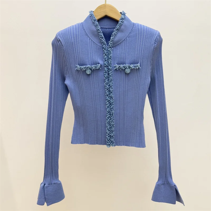 

Cardigan for women Spring 2026 new flared sleeve slim fit V-neck knitted sweater Elastic knitted women's long sleeved top y2k