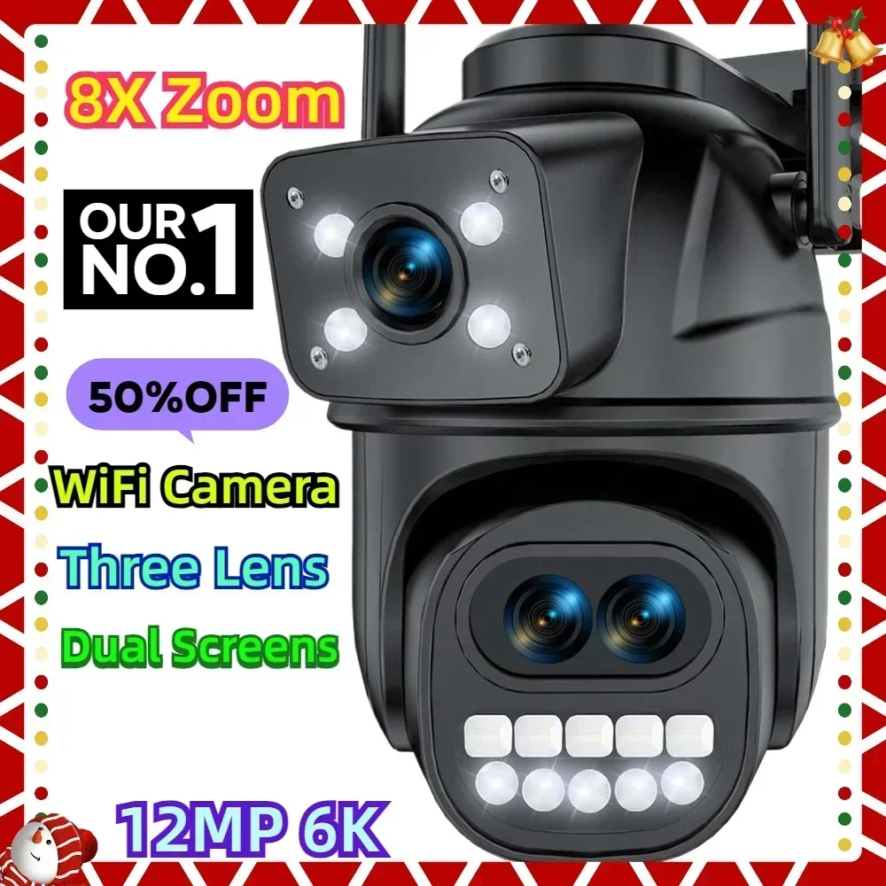 

8X Zoom 12MP 6K WiFi Camera Outdoor Three Lens Dual Screens CCTV Mini Video Cam Auto Tracking Security Protection Surveillance