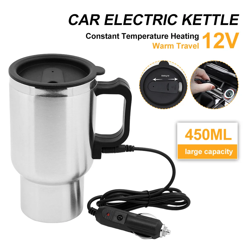 450ml Car Electric Kettle 12V Car Heating Cup Stainless Steel Travel Coffee Mug Double Layer Vacuum Insulation Travel Kettle