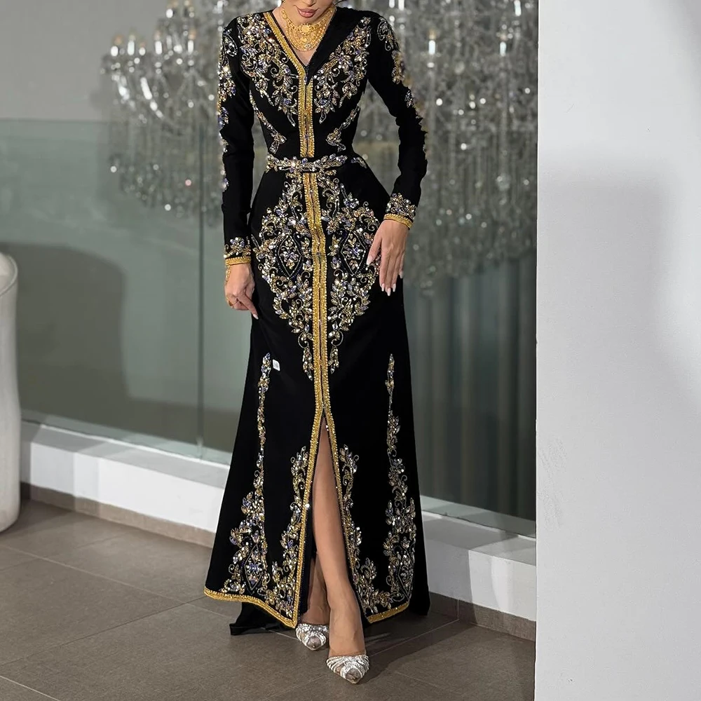 

Customized Mermaid Evening Dresses Floor-length V-neck Full Sleeve Prom Gown Fashion Crystal Sequined Simple Draped Party Gown