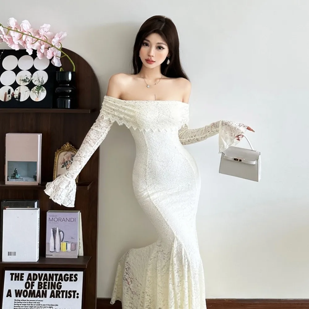 SylCue シャーリングエレガントロングドレス女性スラッシュネックバックレスレースパッチワークフレアスリーブミッドナイトプロムパーティースキニー Vestidos