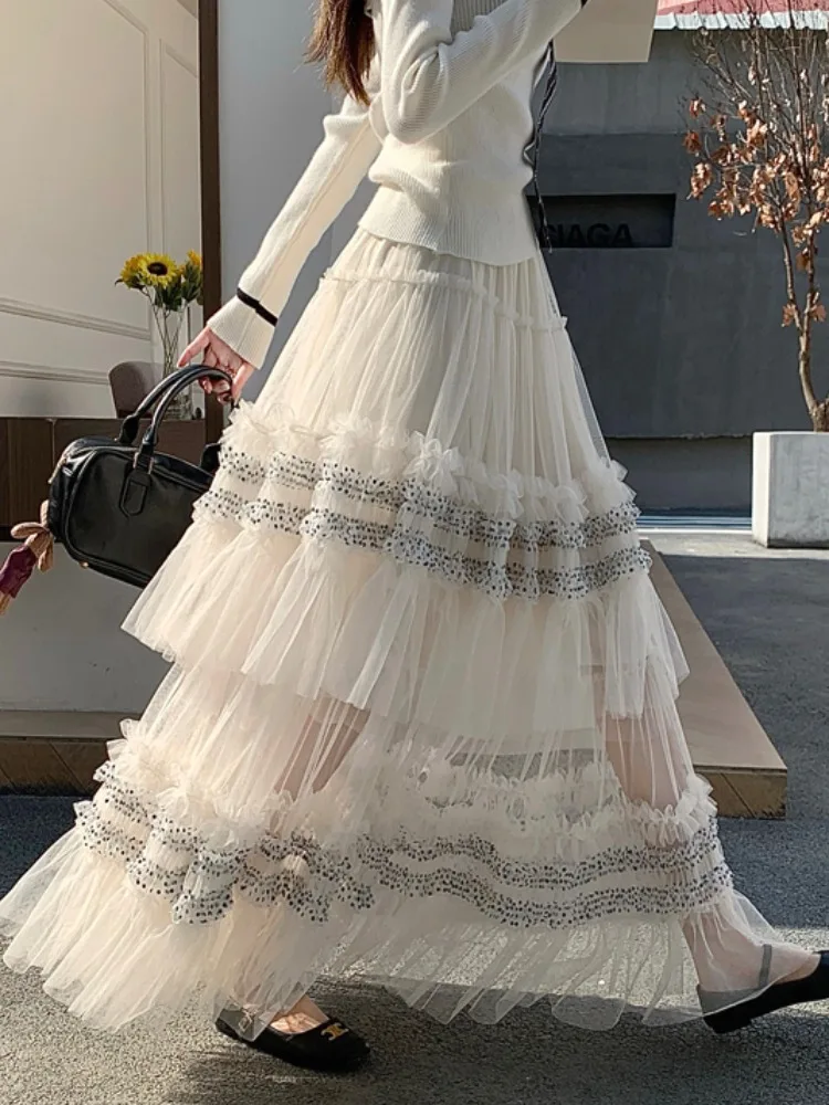 

Chic Mesh Puffy Cake Skirt Women's Spring New Ballet Style High Waist Hip Covering Mid-Length A-Line Skirt Soft Comforta...