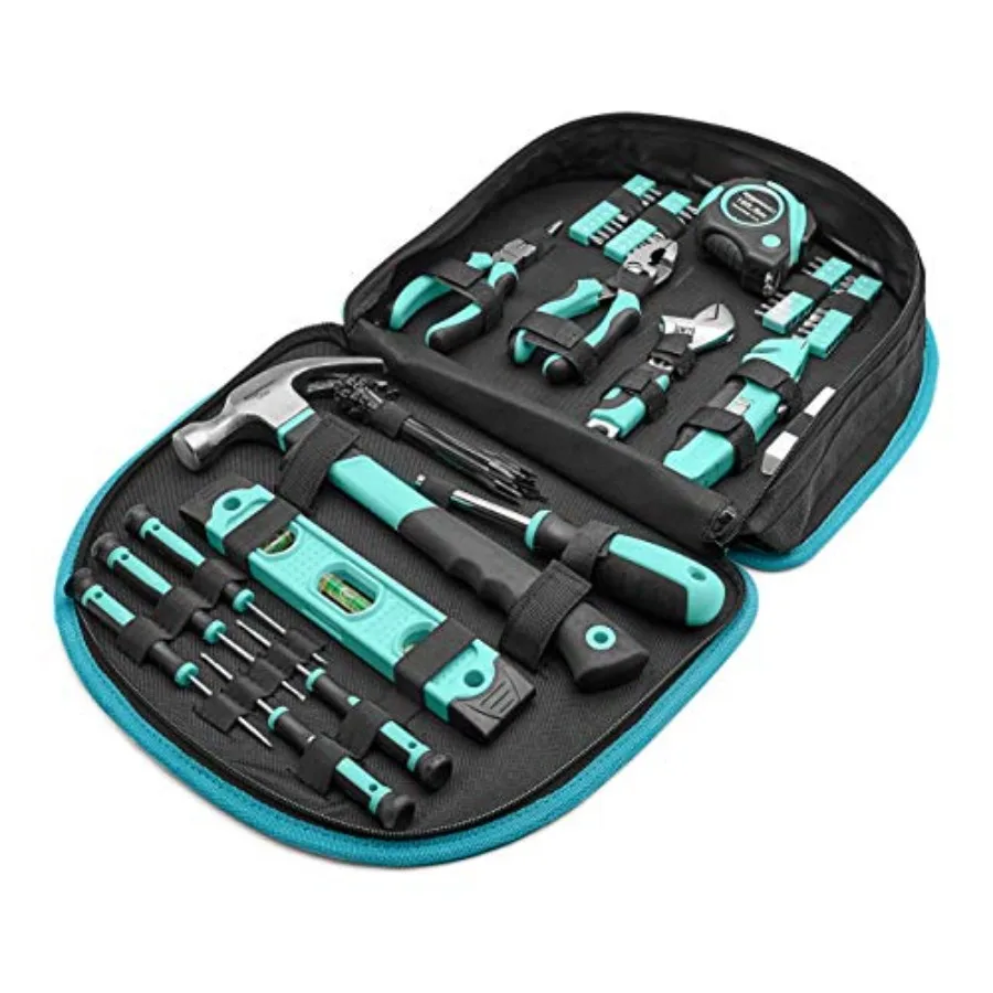 

【Spot goods】104-Piece Home Repair Household Tool Set with Easy Carrying Round Pouch Portable Hand Tool Kit Turquoise 14.4 x 11.
