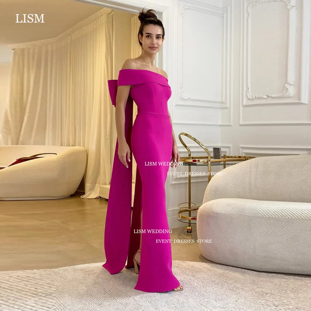 

LISM Simple Rose Satin Mermaid Evening Party Dresses Saudi Arabic Women Off The Shoulder Bow Back Floor Length Prom Gowns