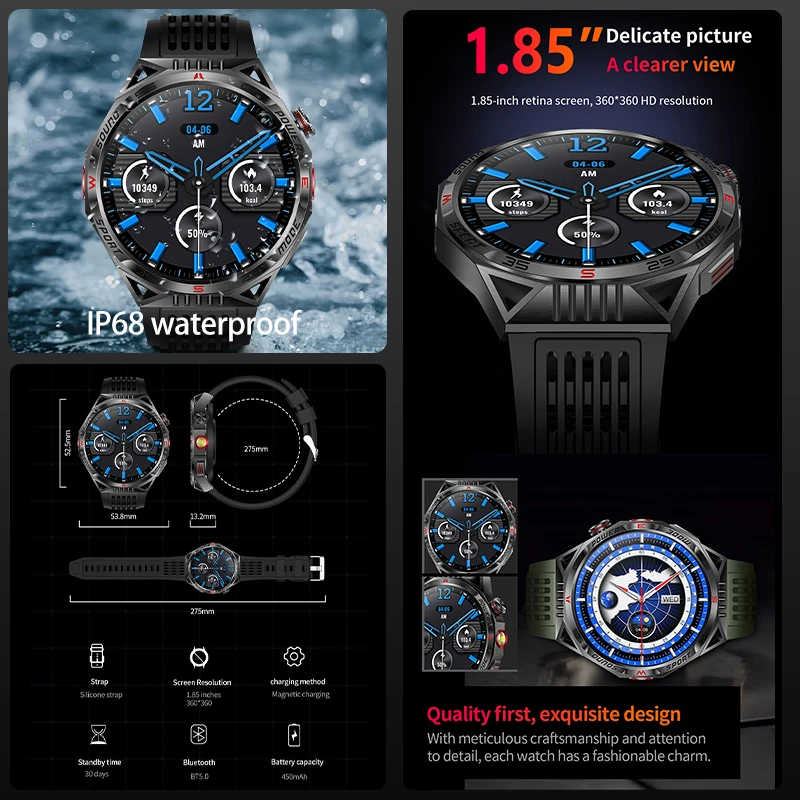 2024 New original design Waterproof Men's Smartwatch 1.85 inch 450Mah battery LED Outdoor flashlight Compass Men's smartwatch