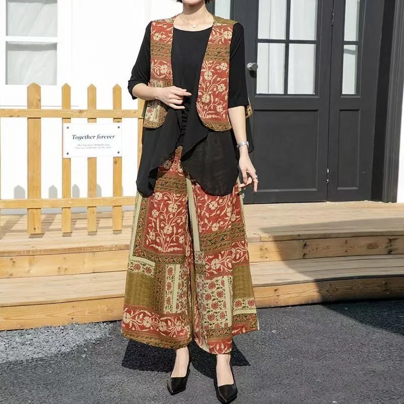 

Модный комплект из трех предметов: топ, брюки с широкими штанинами, футболка. Женский, больших размеров, весна-лето, новинка, европейский стиль, для повседневной носки.