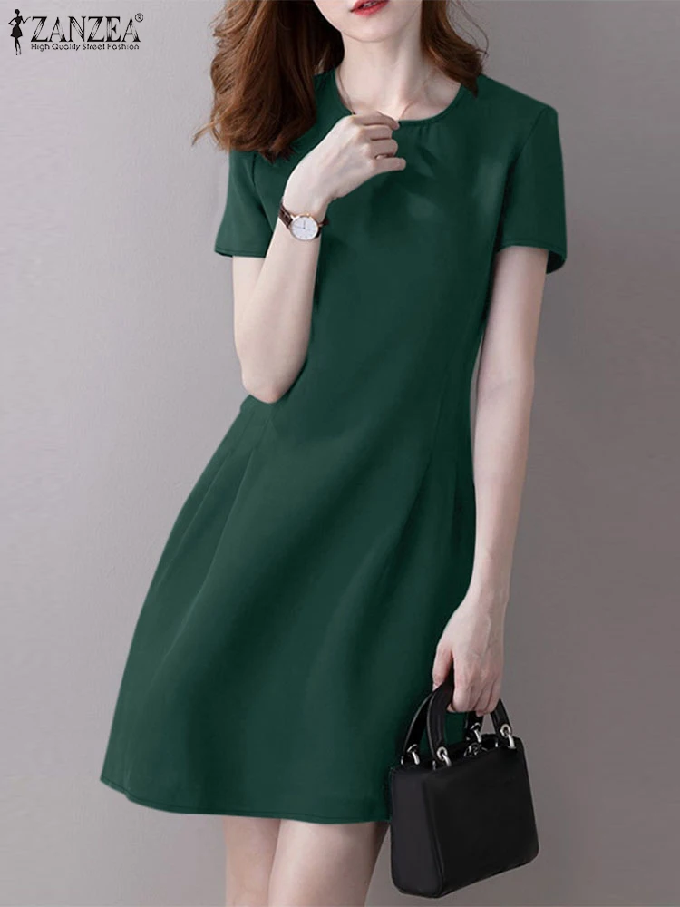 ZANZEA แขนสั้น 2024 ชุดเดรสฤดูร้อนผู้หญิง O คอเอว-Cinched ชุดมินิ SLIM FIT สีทึบ A-Line Vestidos