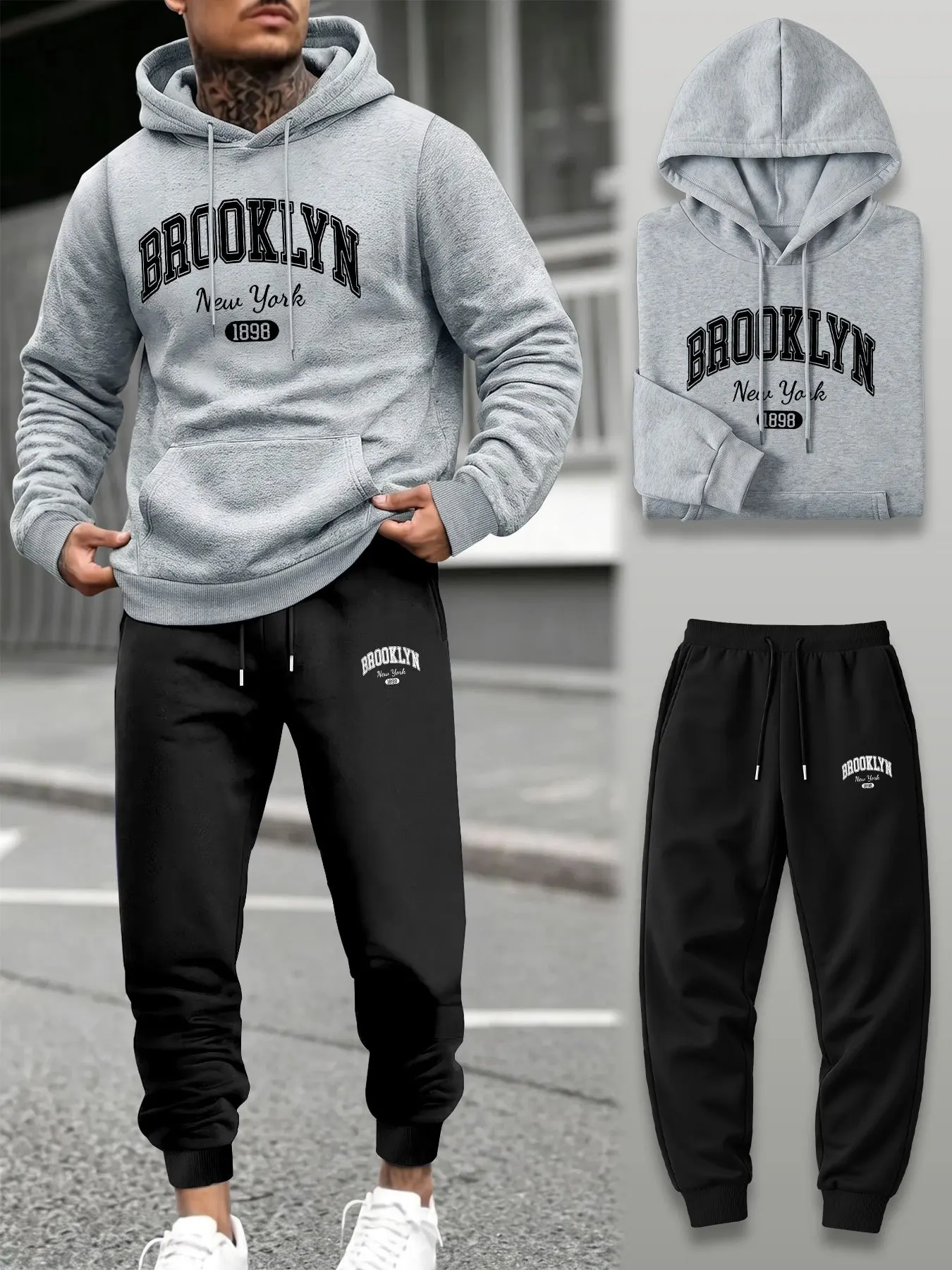 Men 2 Piece Tracksuit Hoodie Jogger Pants Set Loose Sport Streetwear Outfit Gym Training Autumn Winter Daily Wear Set