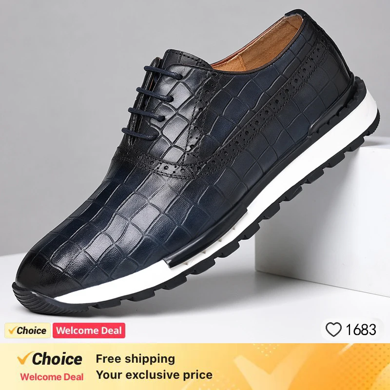 Luxury brand men's casual shoes brown crocodile print genuine leather sports shoes business office daily outdoor leather shoes