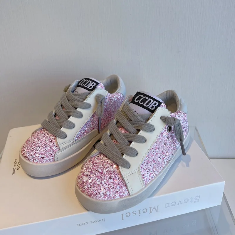 

Pink Children's Star Sneakers Dirty Style Shoes with Sequins Girl Sports Series Big Kids Lace-up Casual Dirty Style Shoes Kids