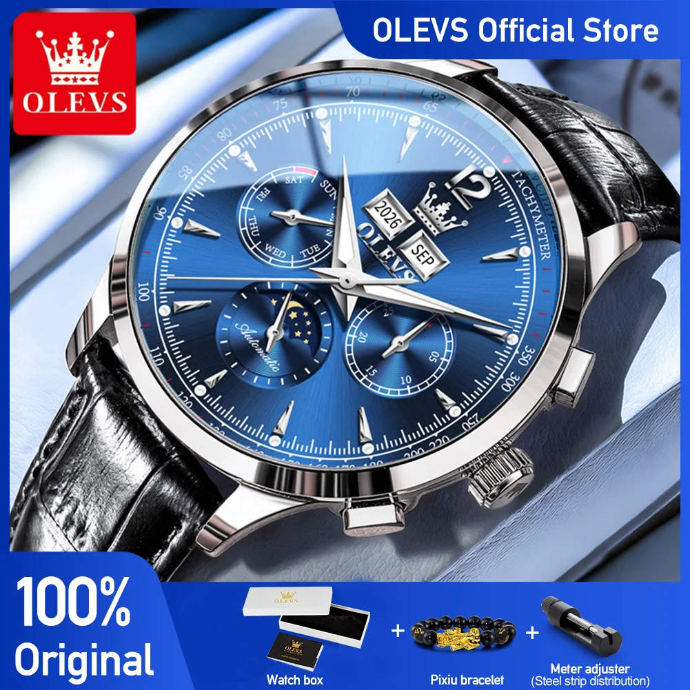 

OLEVS 7128 Classic Mechanical Movement Watch For Men Leather Strap 24hour Moon Phase Calendar Window Luminous Waterproof Watch