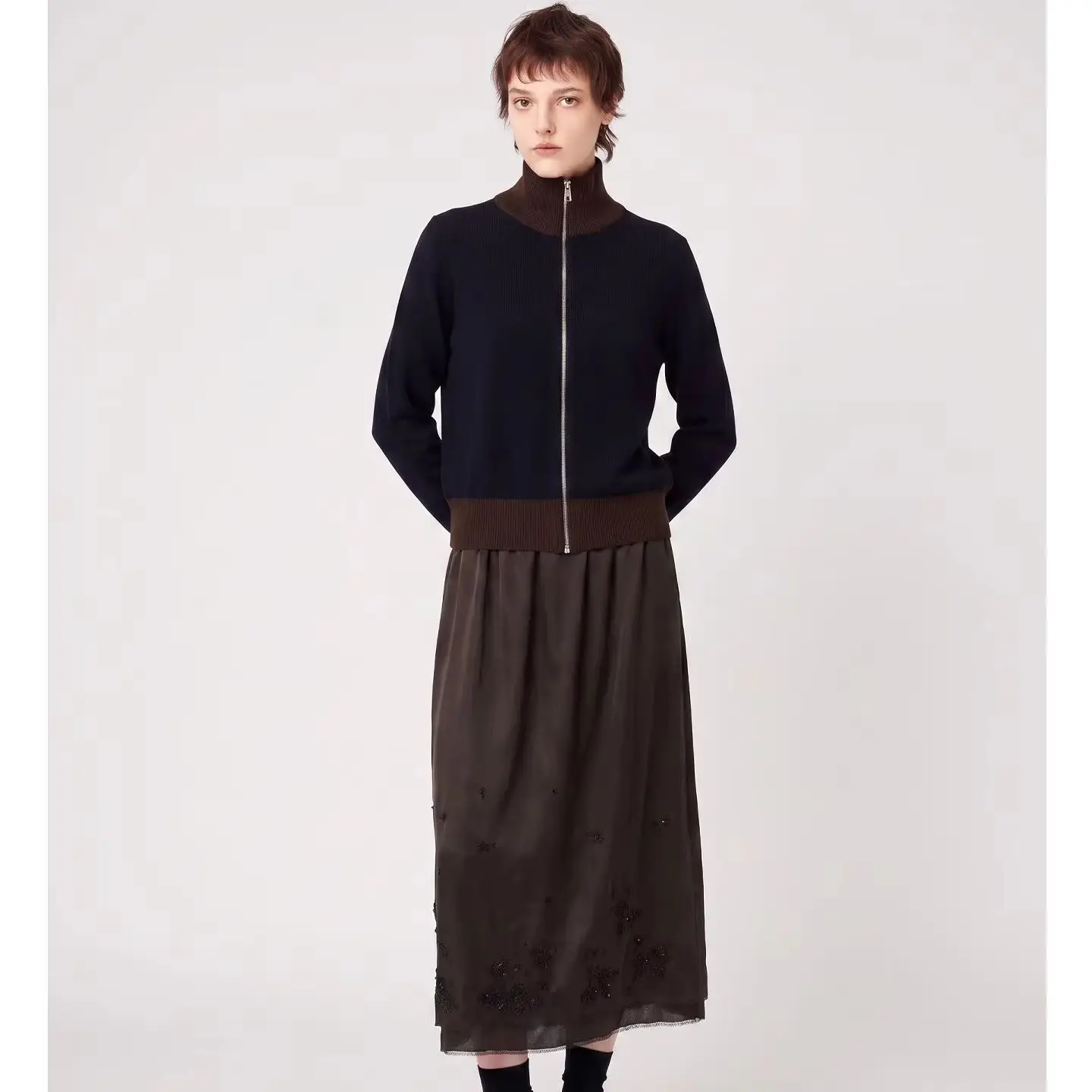 Autumn new minimalist old style retro contrast zipper cashmere cardigan stand collar slim sweater coat