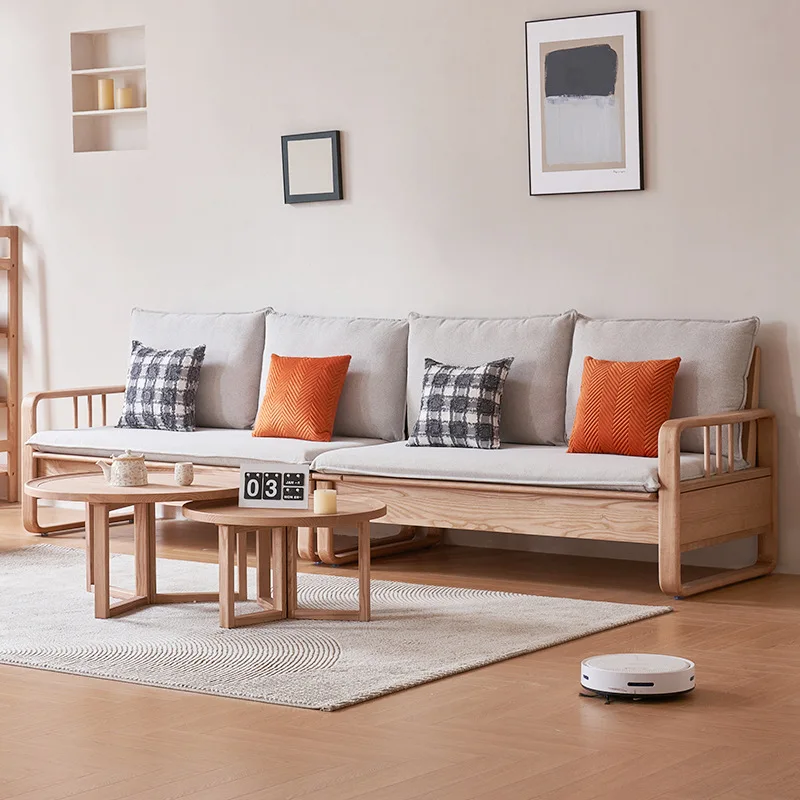 

Ash wood solid wood sofa simple storage small apartment type for both winter and summer home log style corner footrest