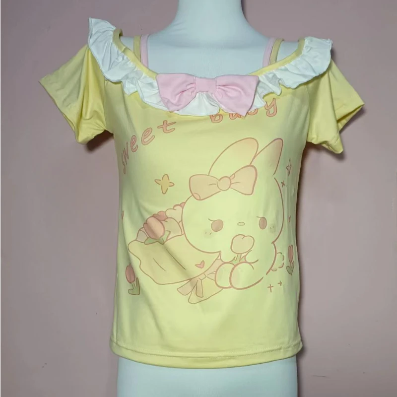 Sweet Cute Lolita Crop Tops Women Y2k Aesthetic Cartoon Bunny Print Bow T-shirt Japanese Casual Off Shoulder Tees Kawaii Y2k Top