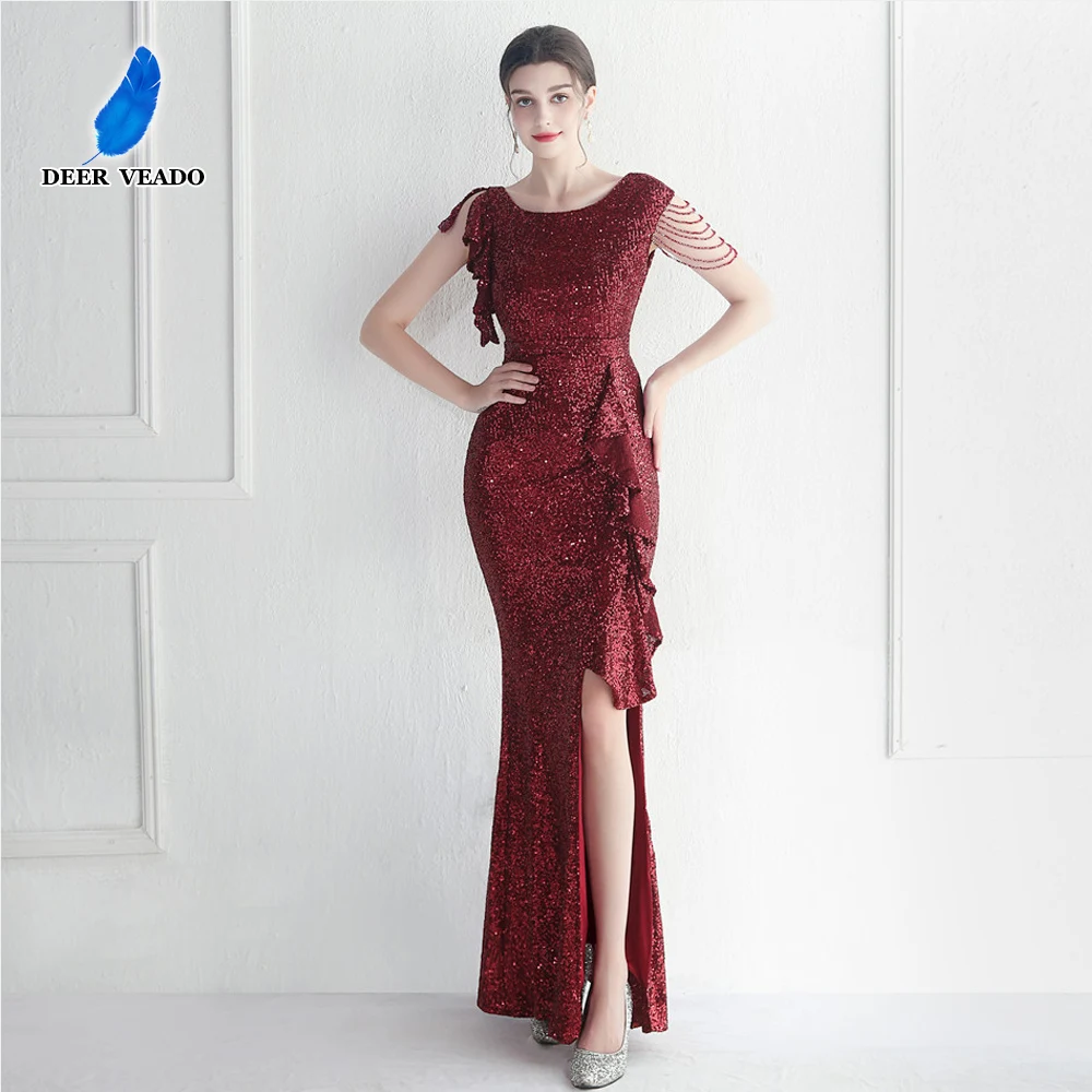 

DEERVEADO Mermaid Slit Sequins Evening Dress with Beads Elegant Long Party Dresses for Women 2023 New Formal Occasion Dress