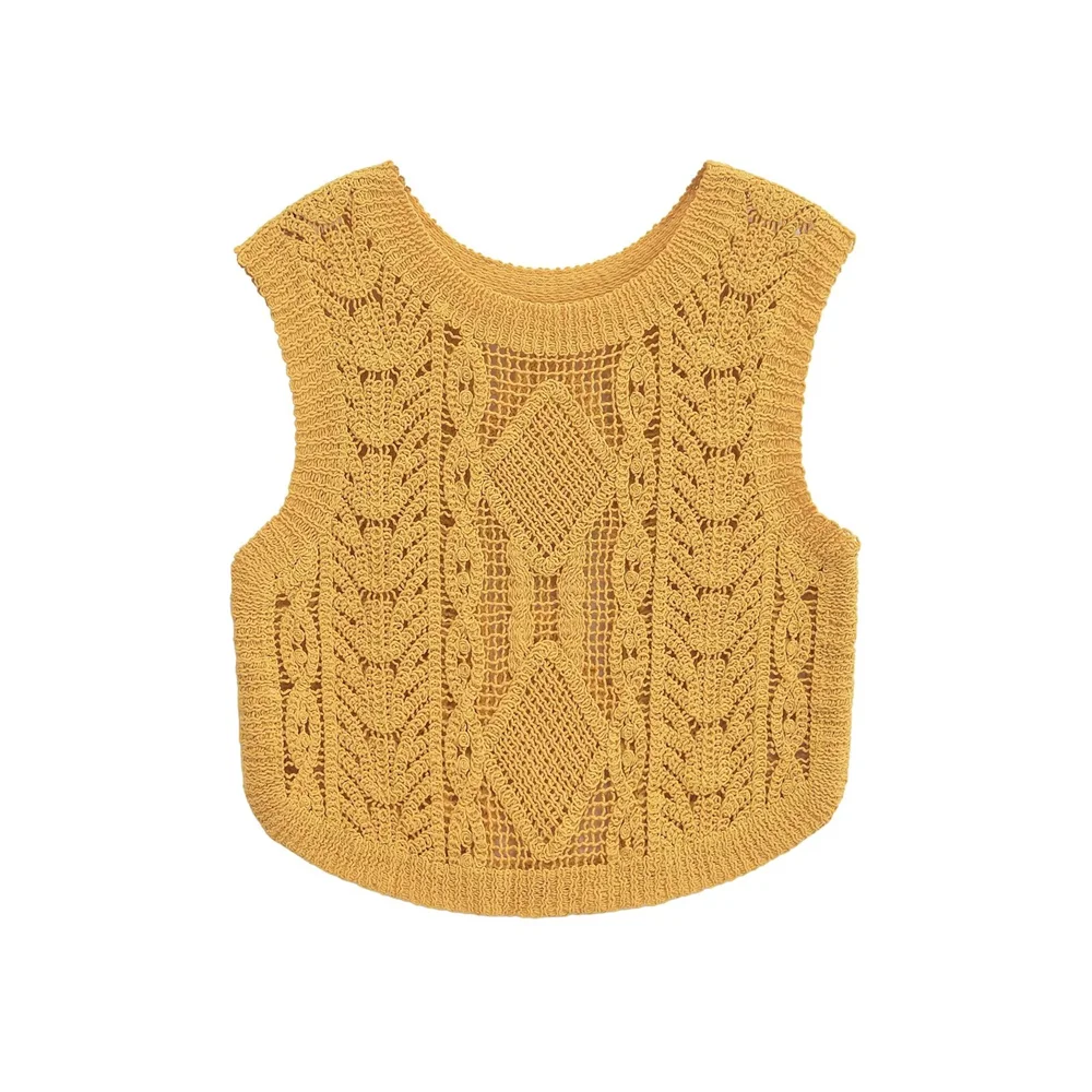 PB&ZA2024 autumn new women\'s casual temperament fashionable solid color crochet round neck sleeveless knitted vest