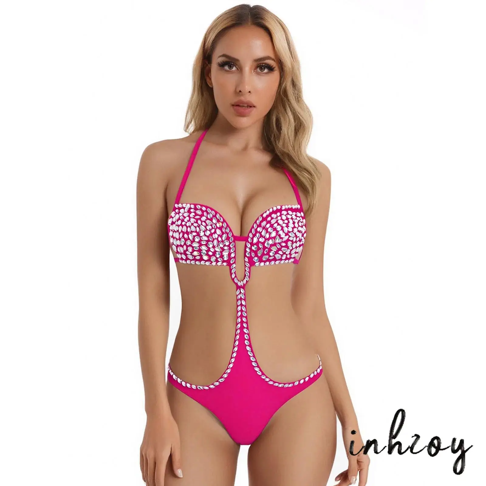 

Womens Sexy One-Piece Swimsuit Backless Halter Rhinestone Bikini Bathing Suit for Sunbathing Beachwear Thermal Spring Vacation