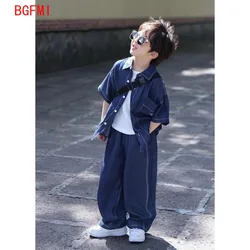 Teens Handsome Boy Short Sleeved Thin Denim Shirt and Pants 2pcs Set 2026 New Children's Summer Suit for Boys and Girls Outfits