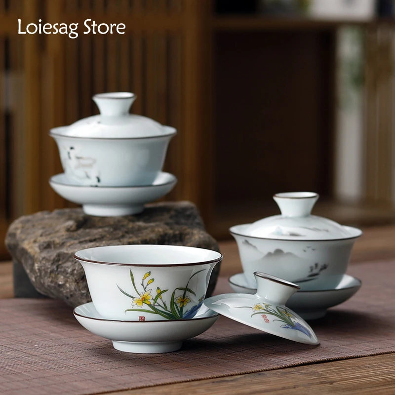 Loiesag 120ml Ceramic Kung Fu Tea Set Sancai Home Office Tea Infuser Simple Landscape Painting Large Capacity Single Tea Bowl