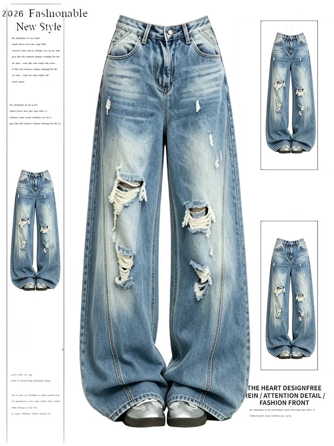 

Retro American Blue Hole Wide Leg Jeans Summer New Fashion High Waist Slim Straight Floor-Length Pants Women's Casual Jeans