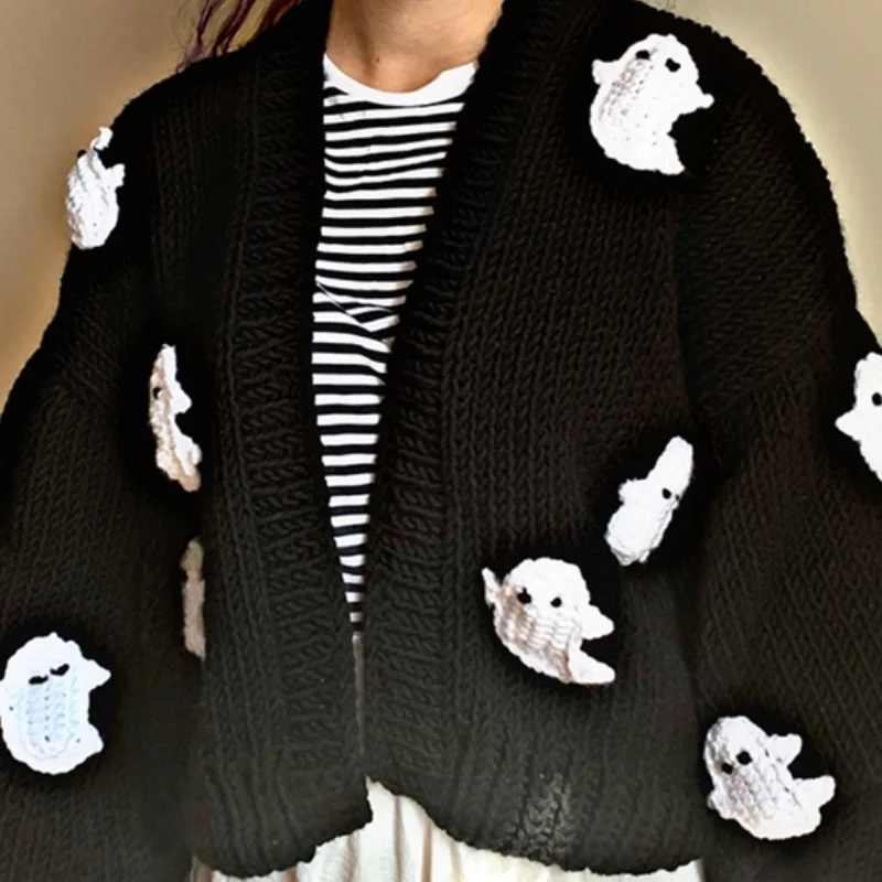 European and American Women's New Halloween Dark Ghost Knitted Embroidery Loose Cardigan