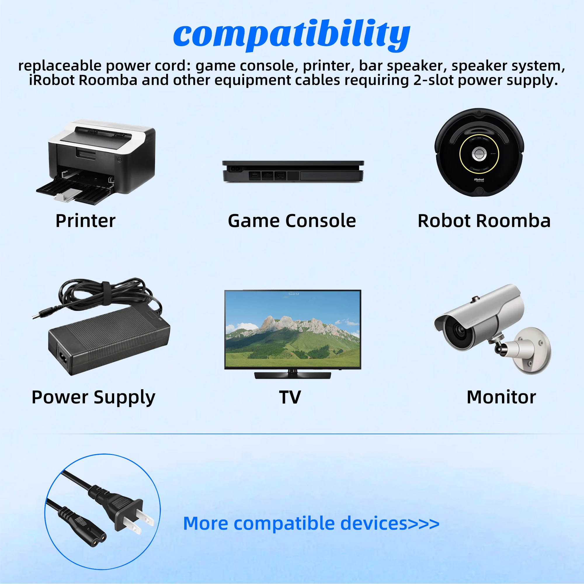 التيار المتناوب سلك الطاقة 2 الشق متوافق سوني PS3 PS5 المتكلم رصد Xbox الجدار استبدال كابل الطاقة