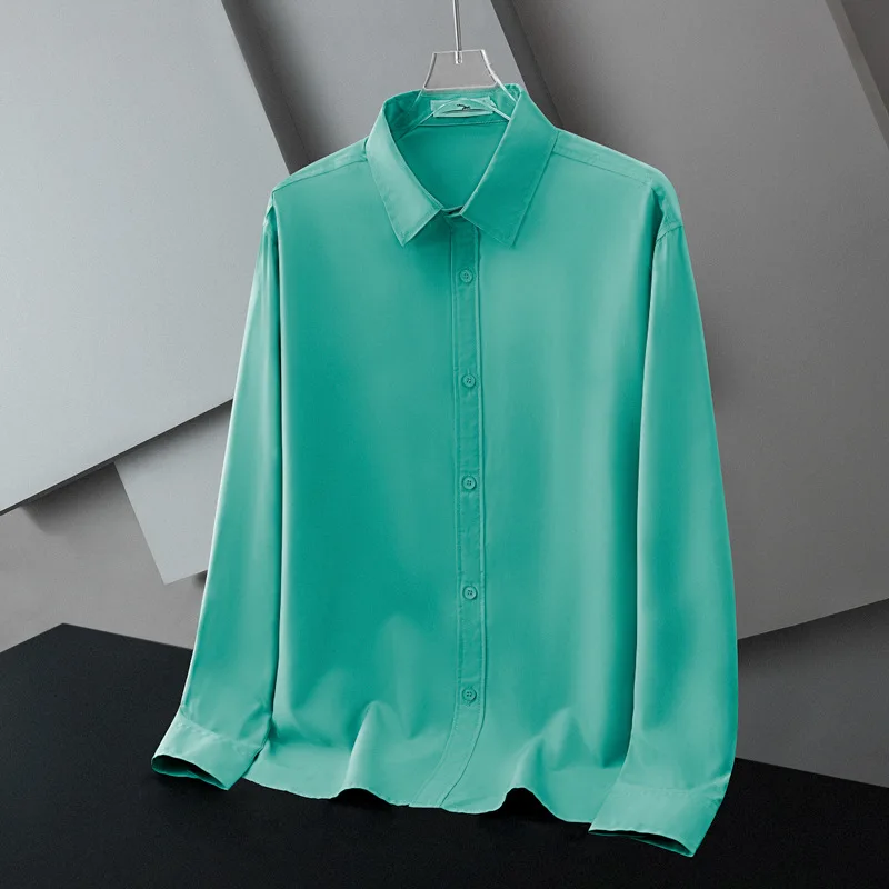 

Summer and Autumn Ice Silk Drooping Long-sleeved Inner Wear Without Ironing Loose Casual and Handsome Gray Boy Shirt