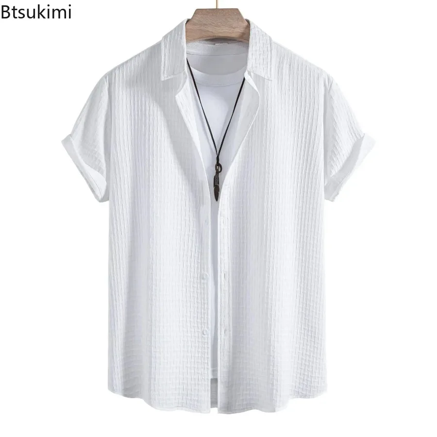 

New Men's Summer Jacquard Short Sleeve Shirt Elegant Textured Button-Down Casual Summer Top Modern Slim Fit Beach Shirt Tops