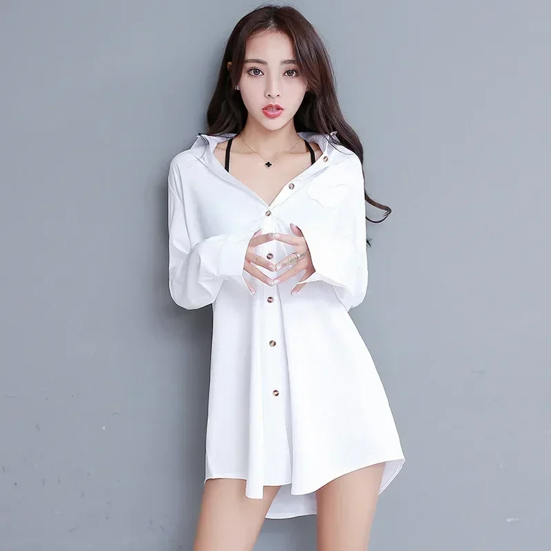 

Vintage Women's Shirt BF Sexy White Shirt Women Korean Style Elegant Blouses Chic Woman Tops Clothes New Loose Mid-length Shirt