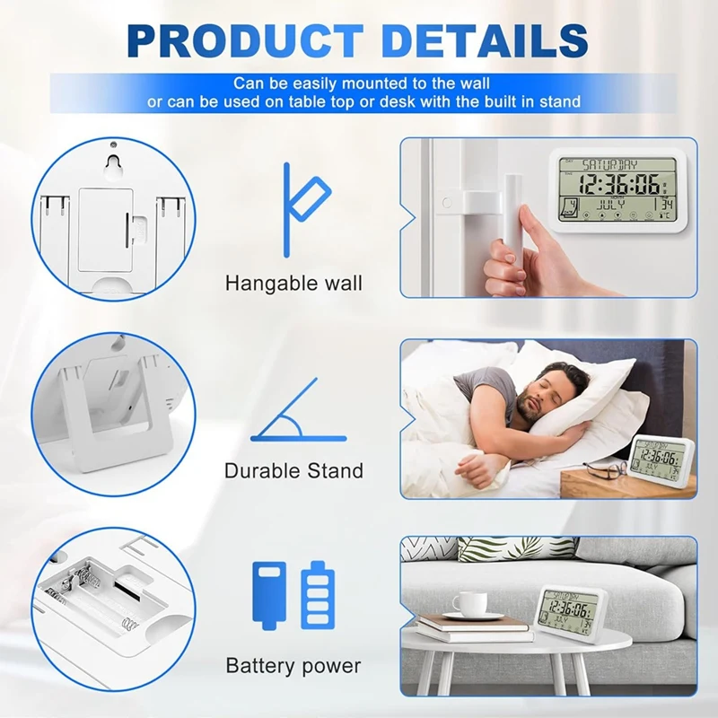 WISH デジタル壁掛け時計、デジタル時計電池式、8 インチ卓上時計、温度湿度曜日日付付きホームオフィス用