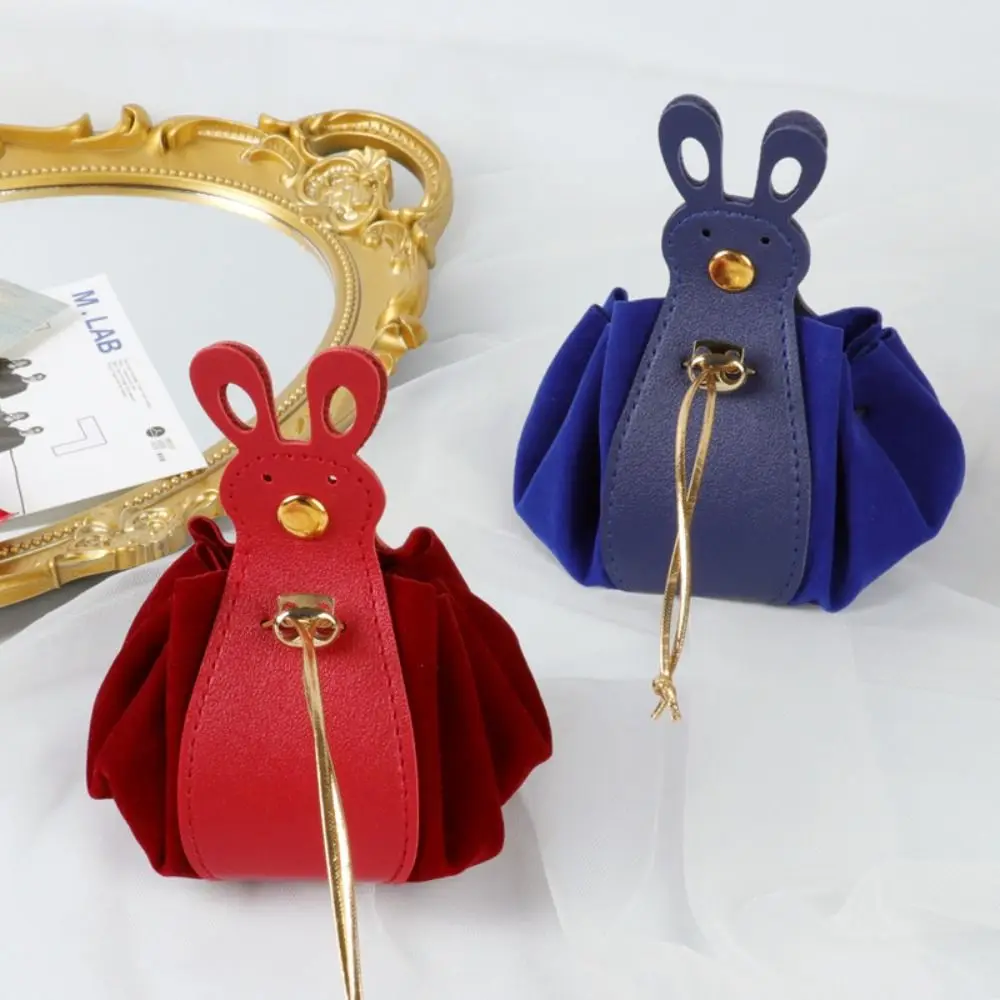 New Velvet Drawstring Bag Large Capacity Cartoon Rabbit Ear Handbag PU Leather Candy Bag