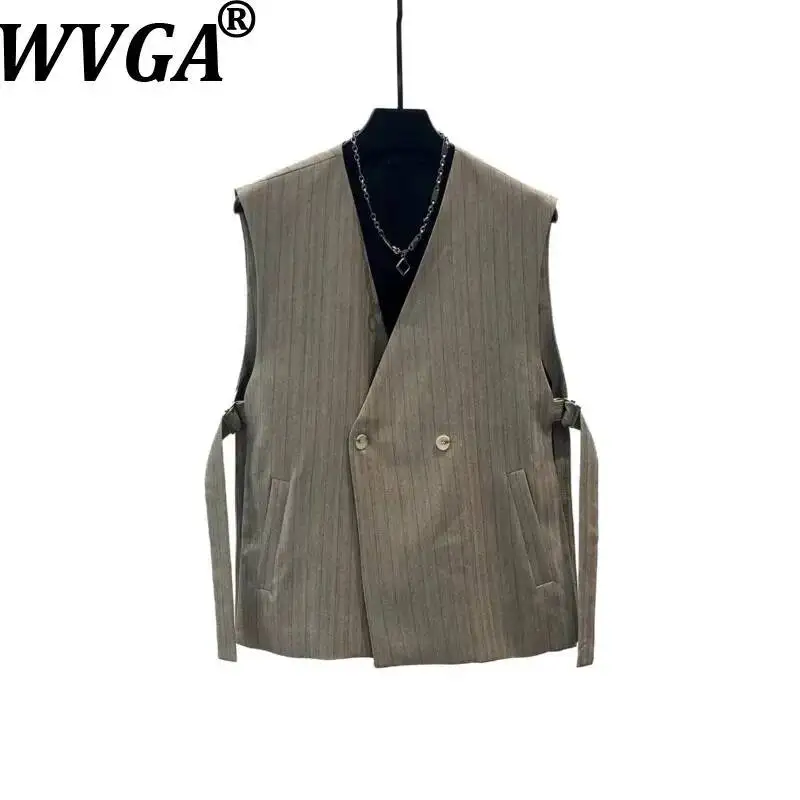 

WVGA Spring Summer New Men's Unique Design Striped Straps Double-breasted Vest Niche Casual Wide-leg Pants Two Pieces Set W24440