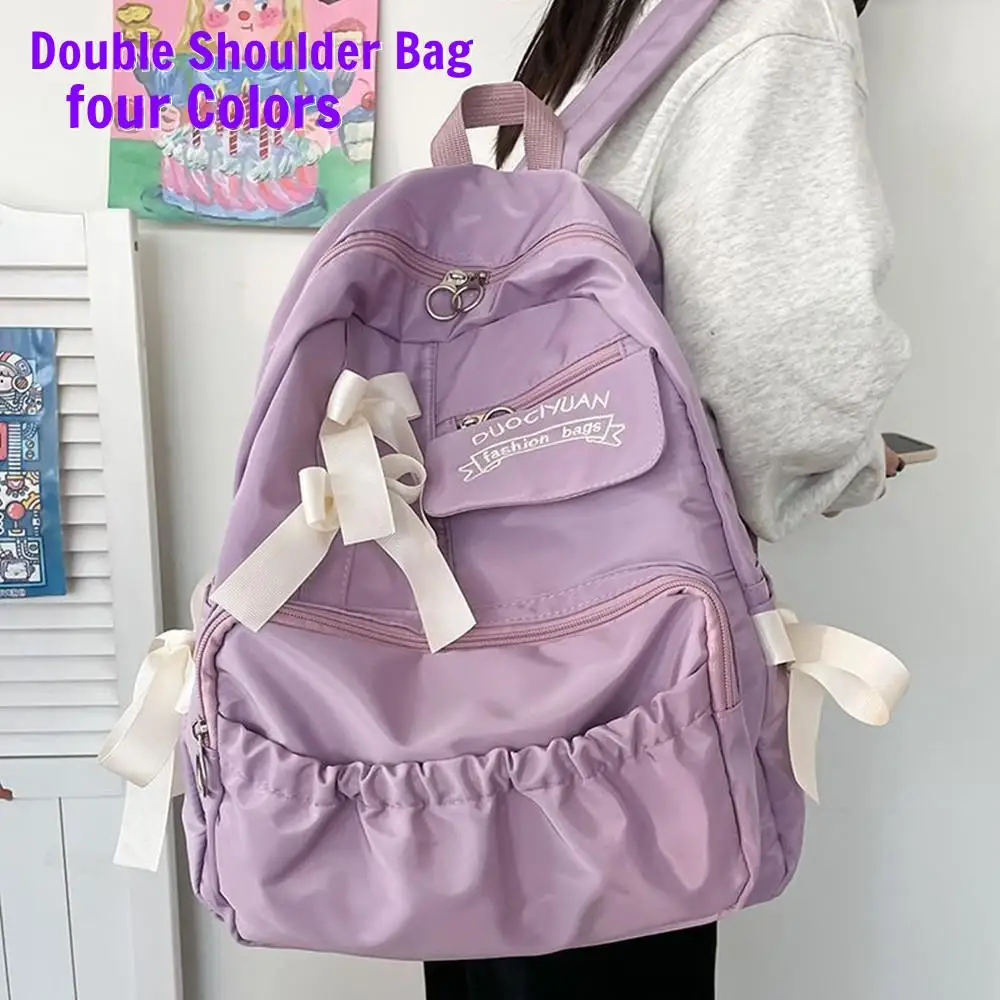 

New Korean Nylon Backpack Student School Shoulder Bags Large Capacity Contrasting Colors Teenager Backapck Cute Bowknot Rucksack