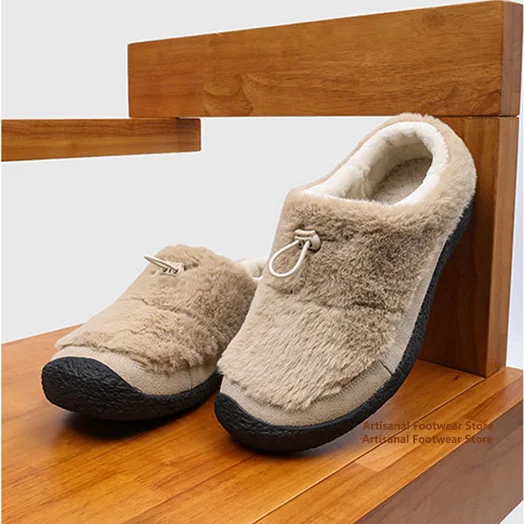 Warm Plush Fleece Lined Mules Slippers Khaki Fluffy Faux Fur Non Slip Thick Sole Winter Warm Slip On Shoes Trendy Men's Shoes