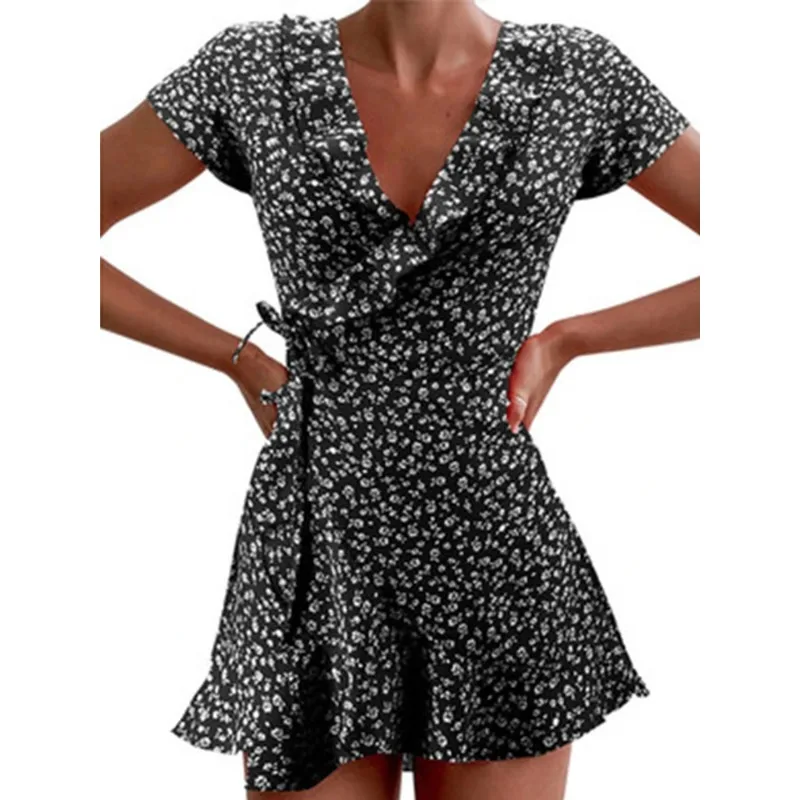 Boho Floral Skirt Print Ruffles Women Dress Summer Sexy V Neck Short SleeveA-Line Dress Mini Dresses Beach Sundress