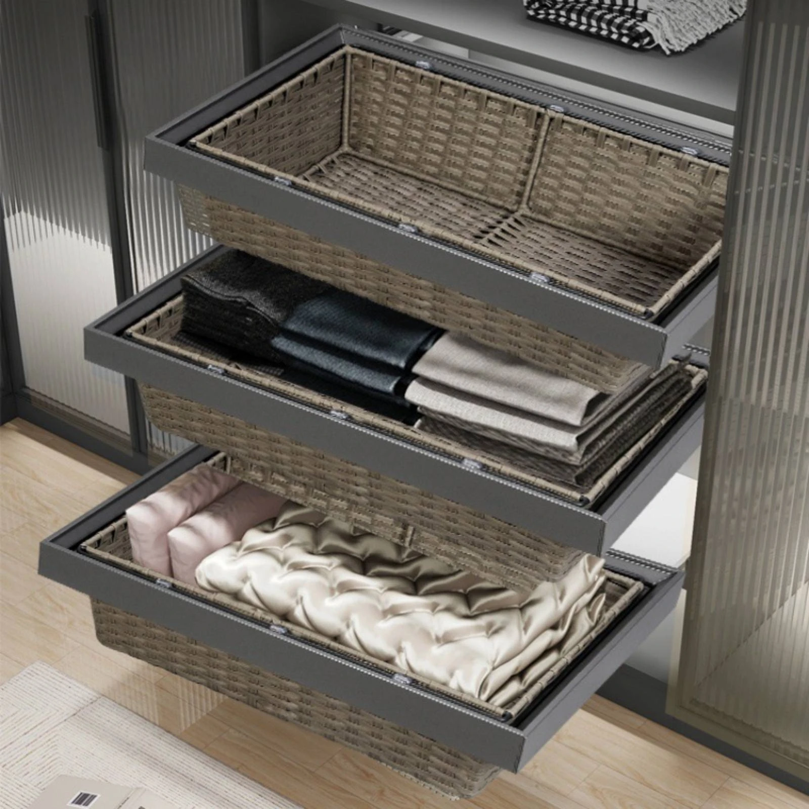 

Pull out Pants Rack Extendable Slide out Woven Basket Pull out Storage Basket Space Saving Closet Storage Tray Exposed Weave
