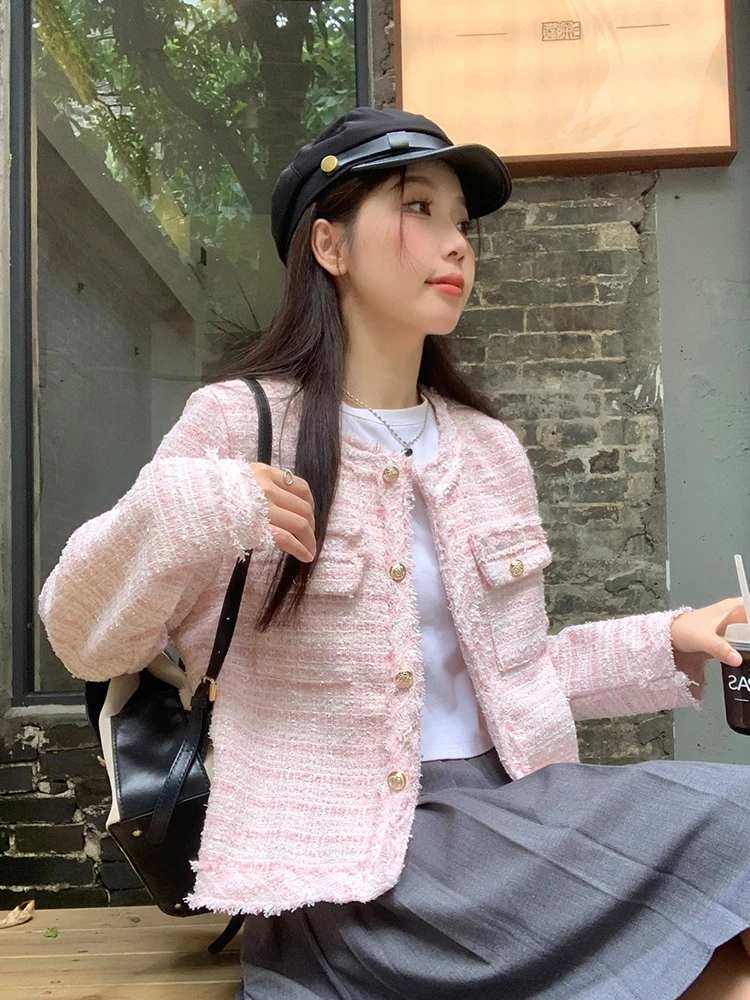Giacca casual francese in tweed da donna elegante o collo manica lunga slim cappotto corto vintage autunno inverno dolce top monopetto femminile