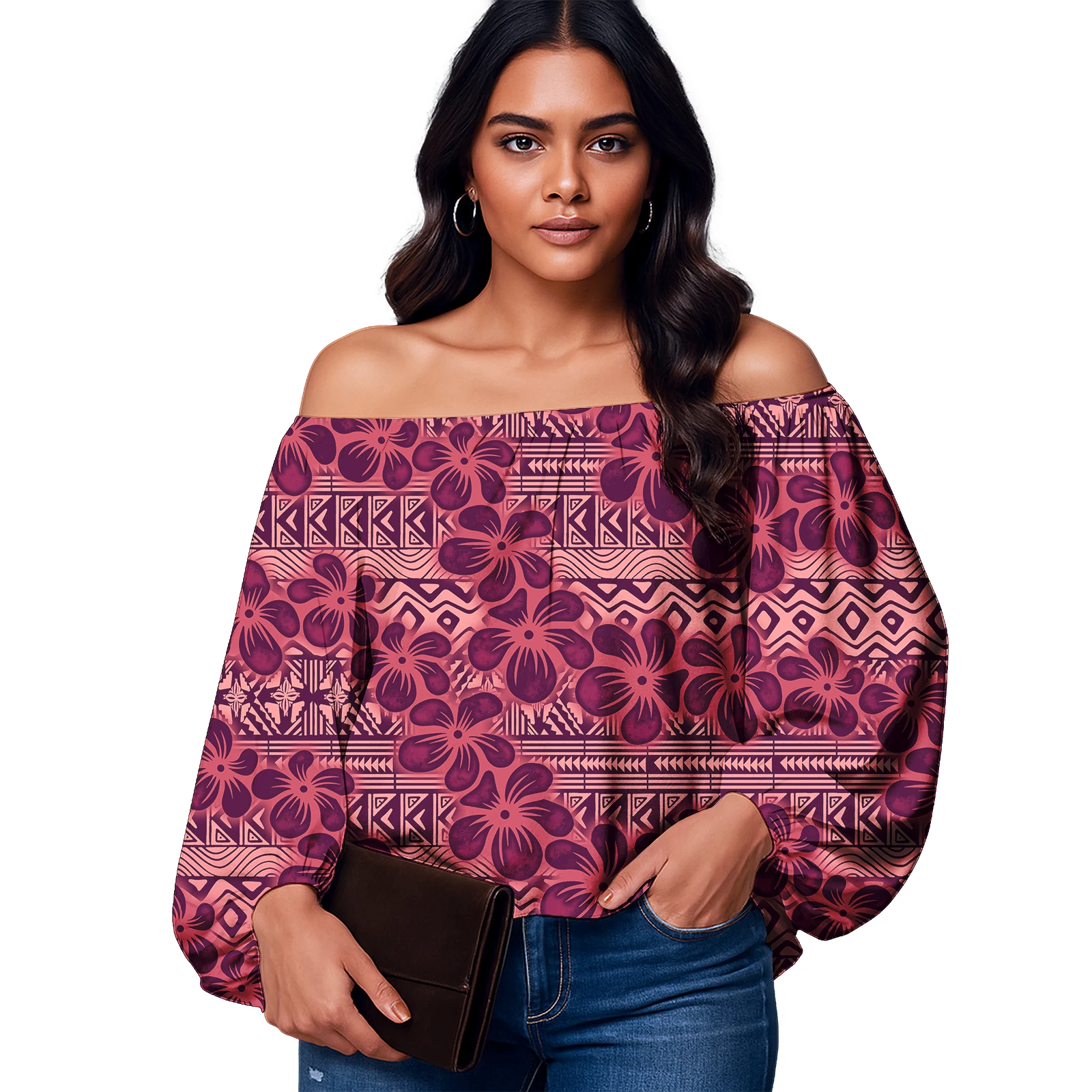 เสื้อผ้าผู้หญิงลายดอกไม้ฮาวายคุณภาพสูง ออกแบบลำลองสไตล์ซามัว แขนพองแบบโพลินีเซียน เสื้อผู้หญิง