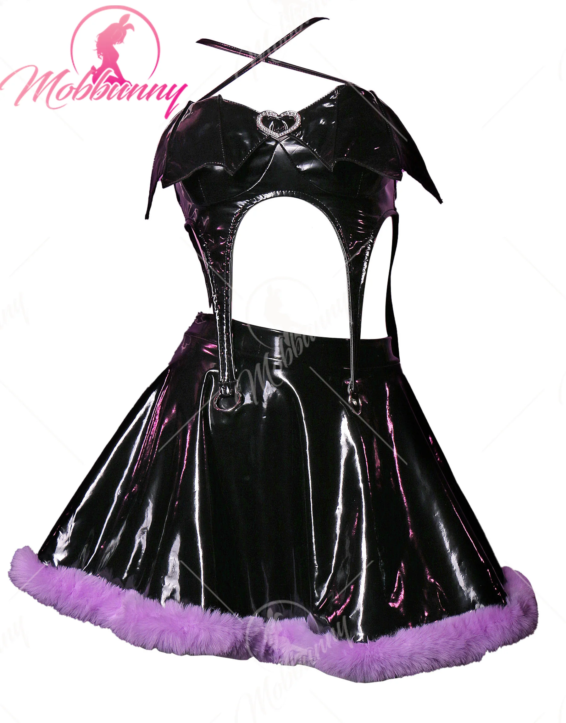 

Mobbunny Women Sexy Lingerie Set Bat Wings Cutout Halter Bodysuit and Purple Furry Skirt and Gloves Gothic Cosplay Costumes