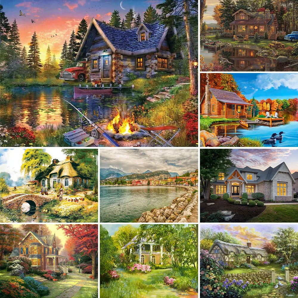 Cartoon House Landscape Printed Fabric Cross Stitch Set Embroidery Handiwork Knitting Handicraft Painting Stamped Needle Mulina