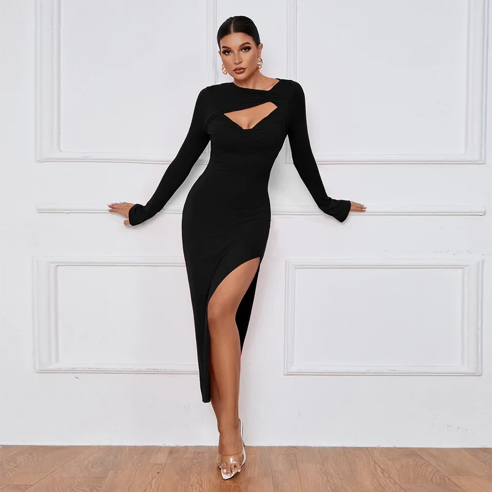 

Fashion Women Dress Hollow Sexy Evening Long Sleeve Casual Party Pencil Ladies 2025 Spring Summer High Waist Slim Robe Femme