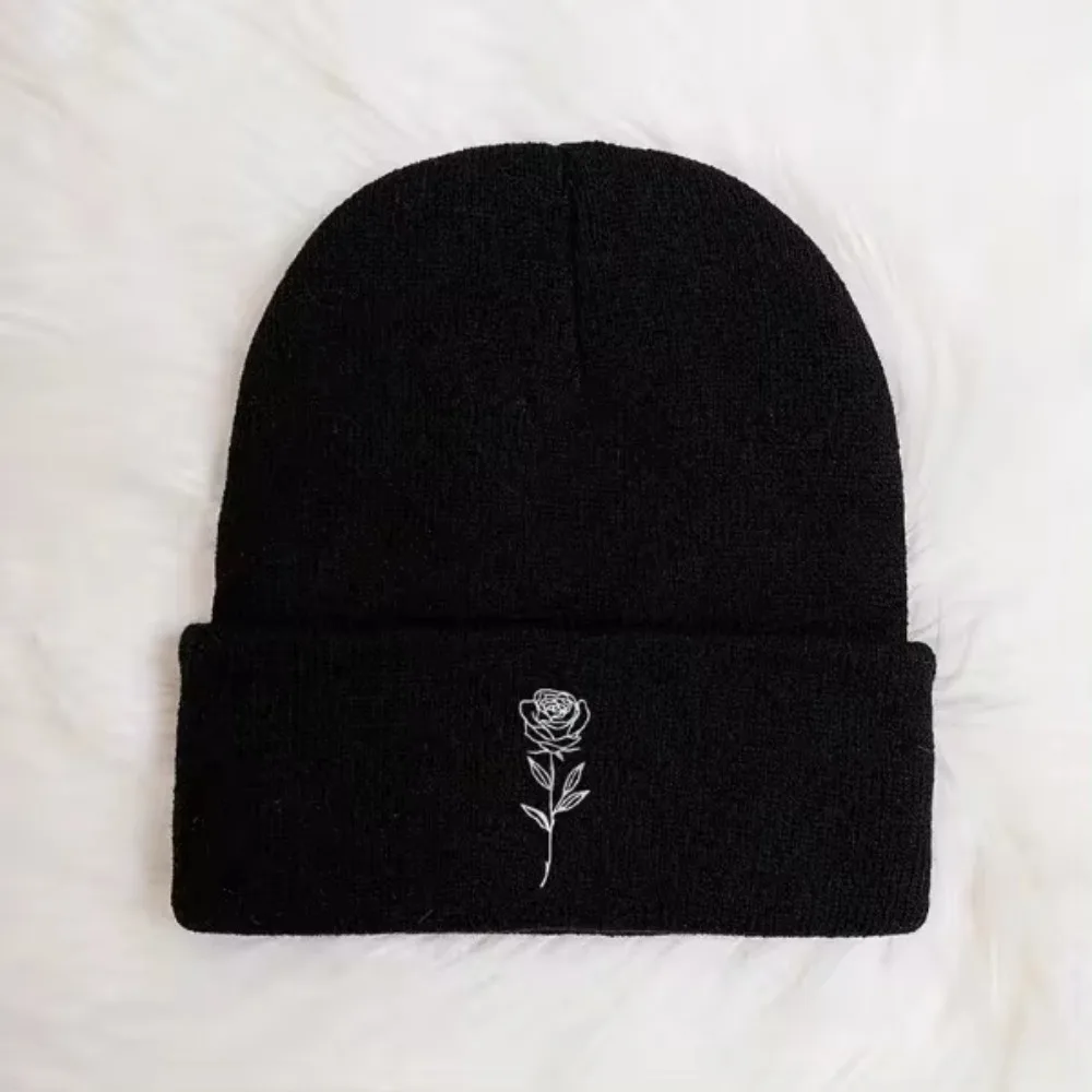 

High Quality Cotton Beanies Hats Rose Embroidered Warm Bonnet Caps Gothic Street Punk Winter Hats