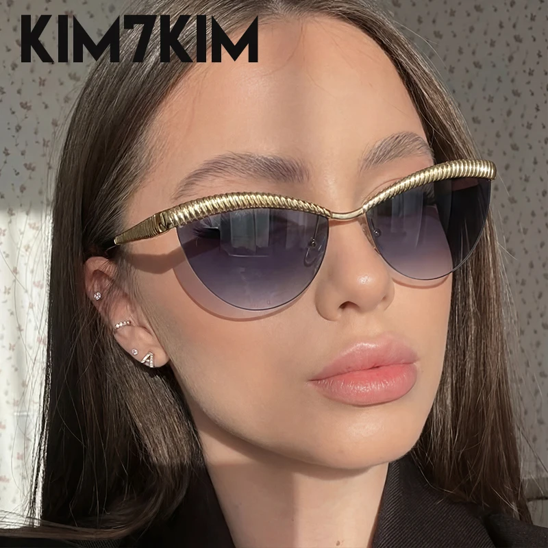 

Cat Eye Sunglasses Women Vintage Punk Semi-Rimless Sun Glasses Ladies Luxury Design Gold Metal Eyewear Trendy Retro Black Shades